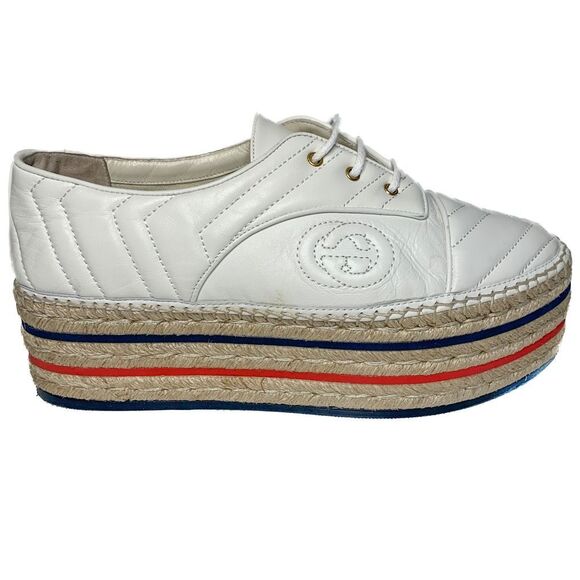 Gucci Charlotte Lace Up Platform Espadrilles EU 39.5 US 9.5 White GG Sneakers - Picture 1 of 12